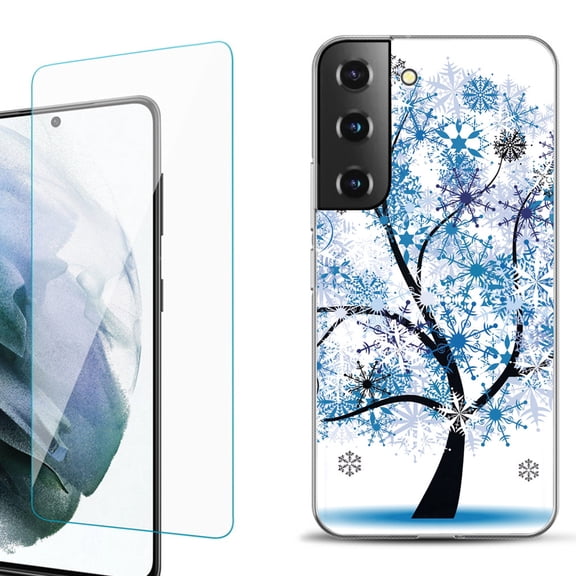 Slim-Fit Fashion Gel Phone Case for Samsung Galaxy S22  5G / S22 Plus 5G, with Tempered Glass Screen Protector, by OneToughShield ® - Snowflakes Tree