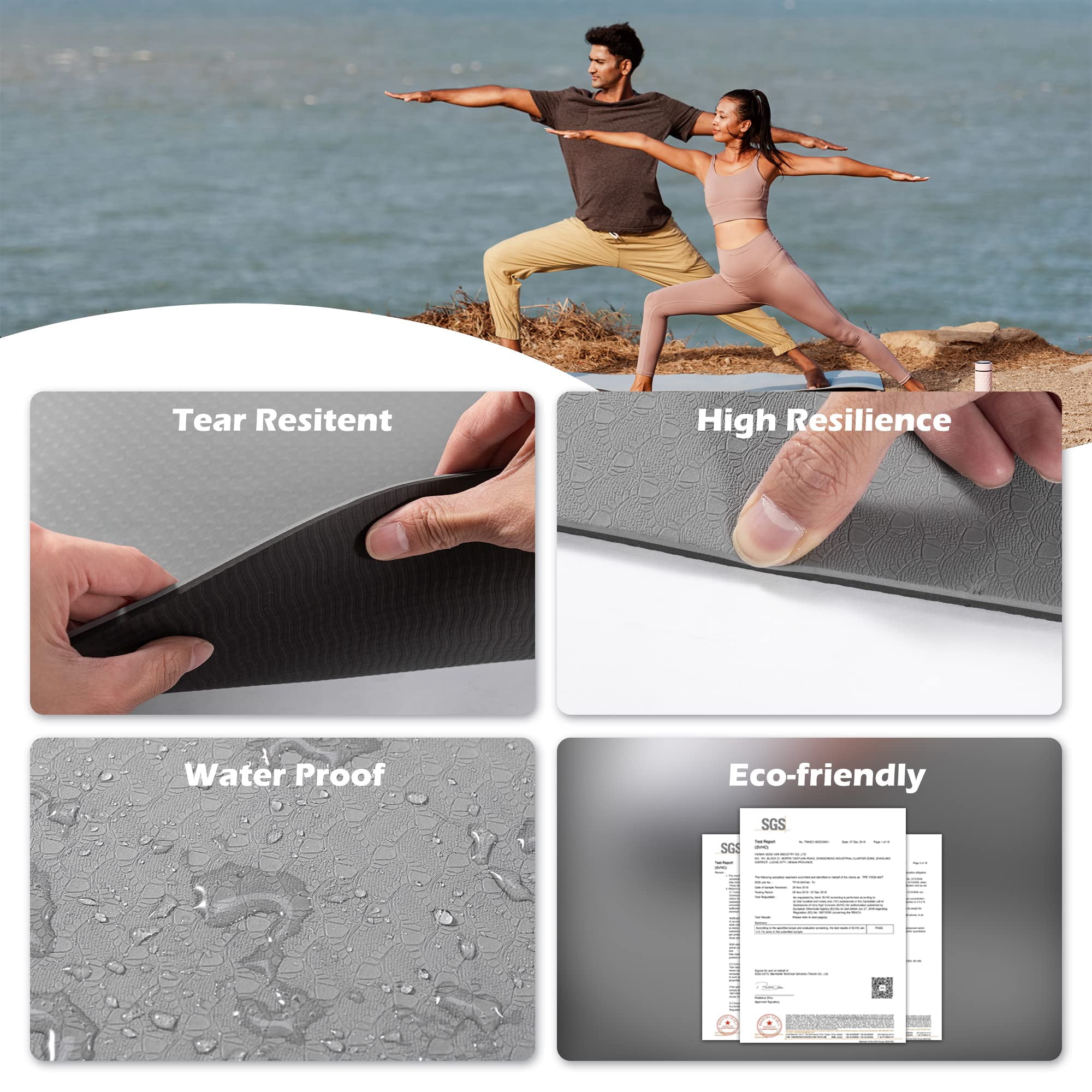 Yoga Mat 72"x24" Jet Black & Glacier Gray Non-Slip Exercise Mat for Home Workout