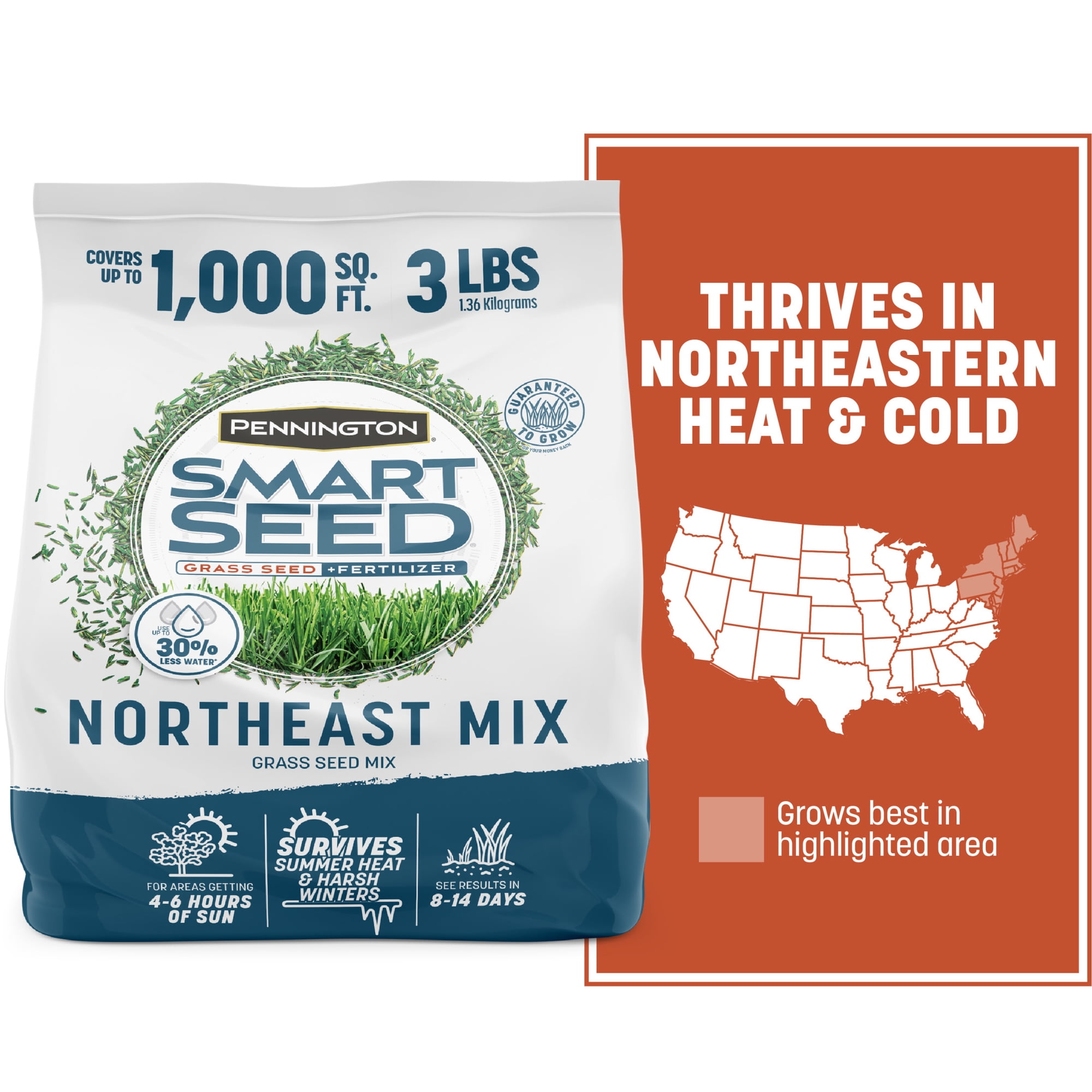 Pennington Smart Seed Northeast Grass Seed and Fertilizer Mix, For Sun to Partial Shade, 3 lb