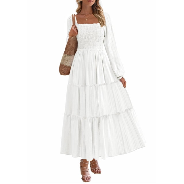 Vestido PRETTYGARDEN 2025 de manga larga con fruncido y volantes maxi blanco talla S
