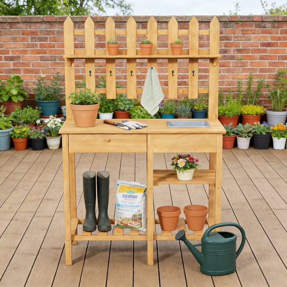 Wooden Potting Bench with Sink and Hooks,Outdoor Potting Table with Drawer and Open Storage Shelf,Yellow