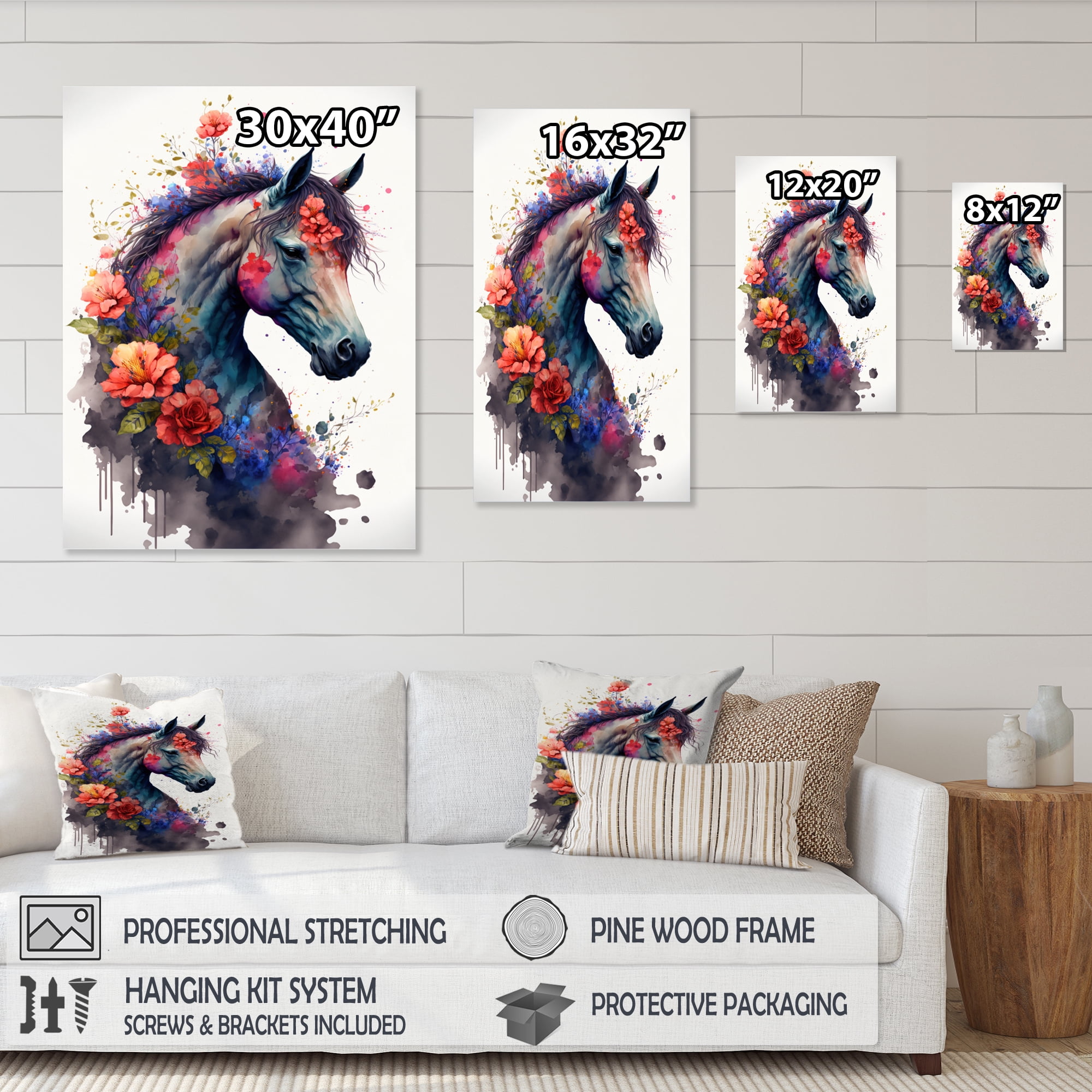 Designart Cute Horse Floral Art I Canvas Wall Art