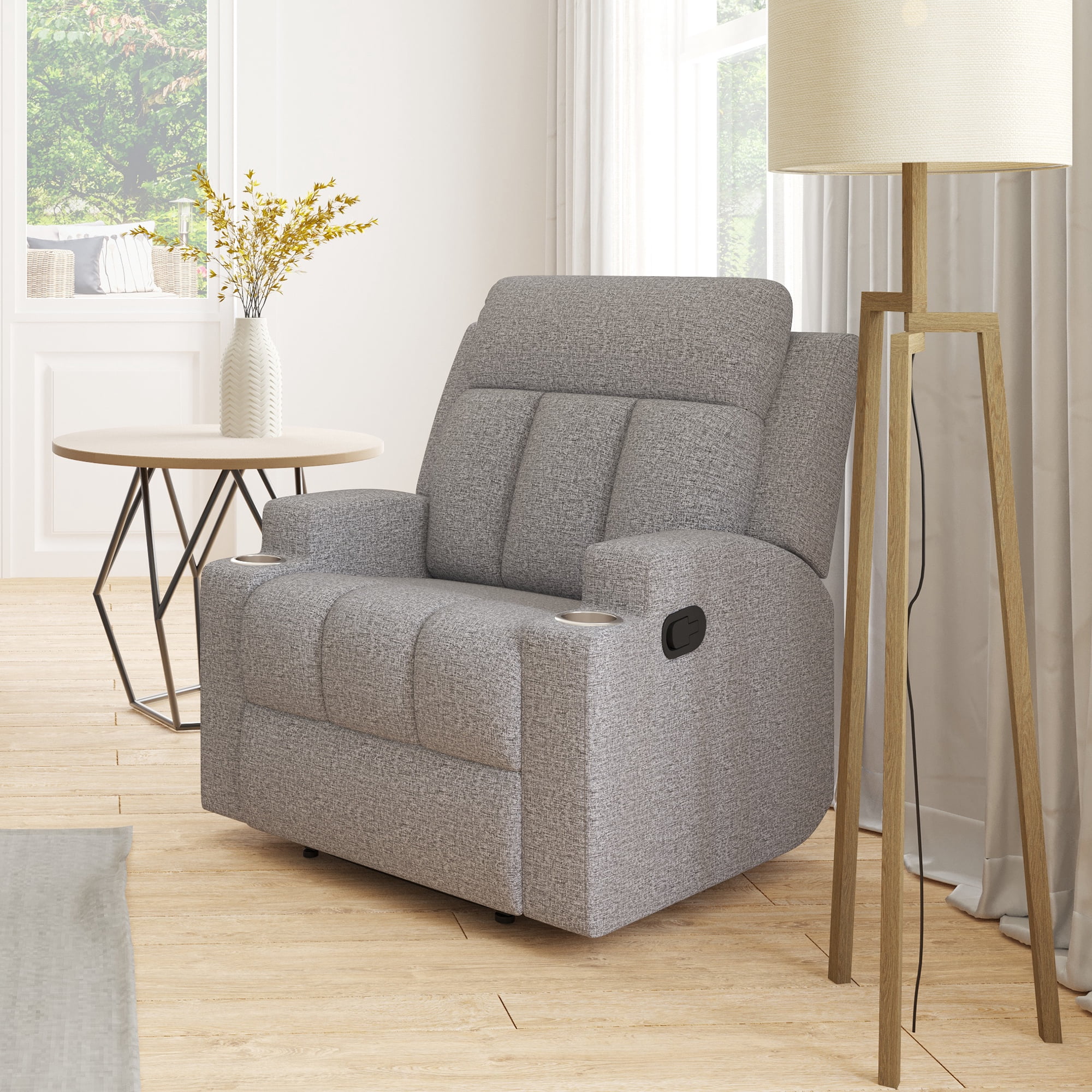 Ottomanson Prada Polyester Manual Recliner Chair with Cupholders and Footrest, Gray
