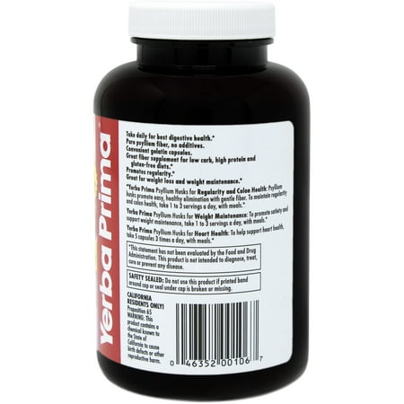 Yerba Prima Psyllium Husks Caps Dietary Fiber 625 mg, 180 Capsules - Colon Cleansing Supplement - Gut Health - Non-GMO Gluten Free