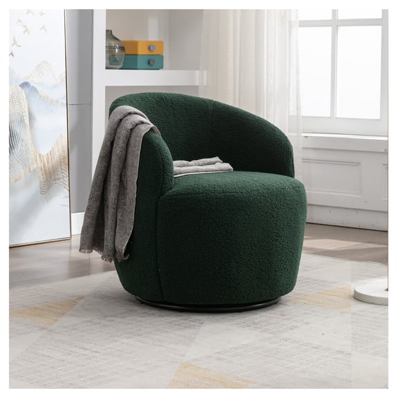 Teddy Fabric Swivel Accent Armchair Chair With Black Powder Coating Metal Ring,Dark Green