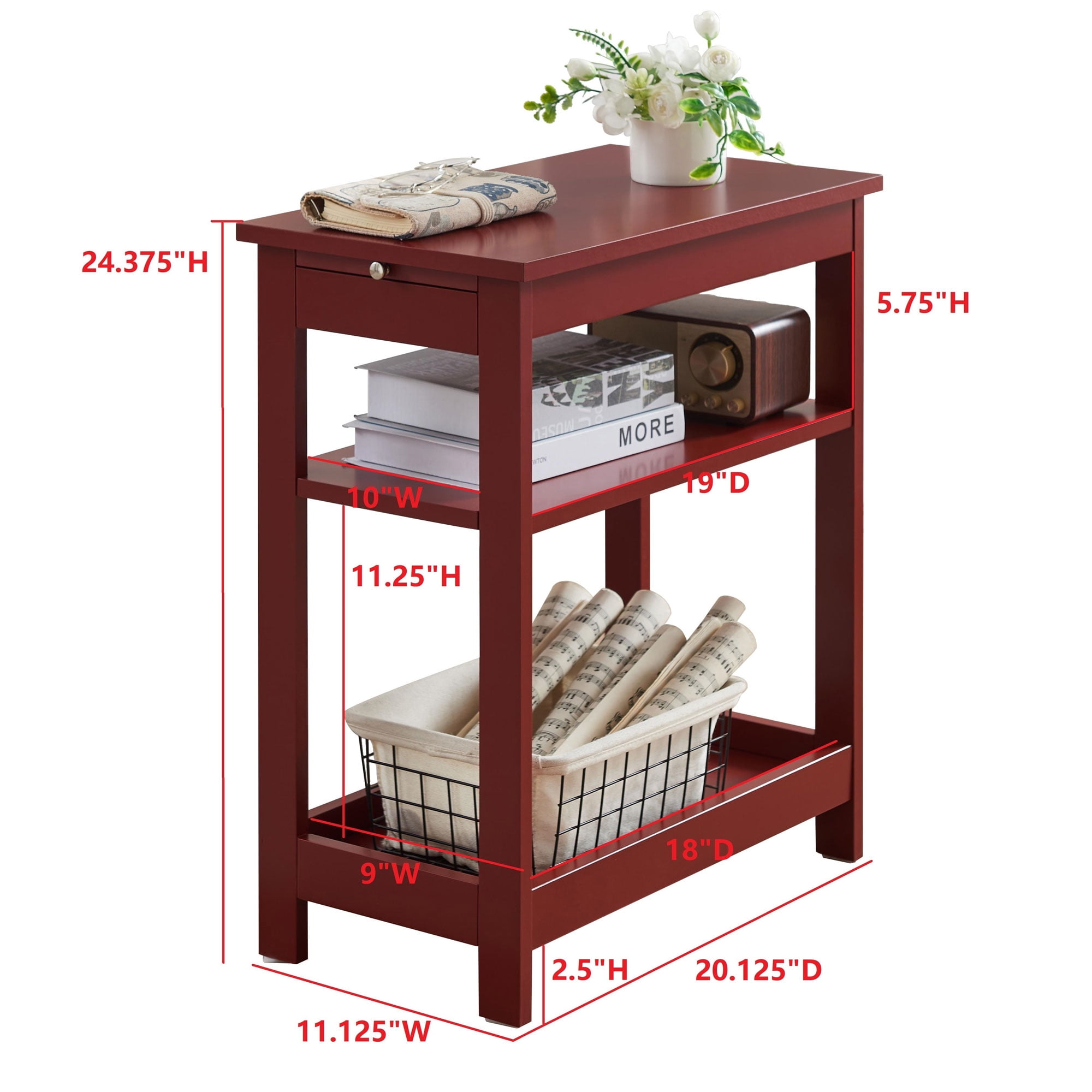 Kings Brand Furniture - Slim Wood Side End Table with Storage Shelves & Pull-Out Tray, Nightstand for Bedroom, Living Room, Red