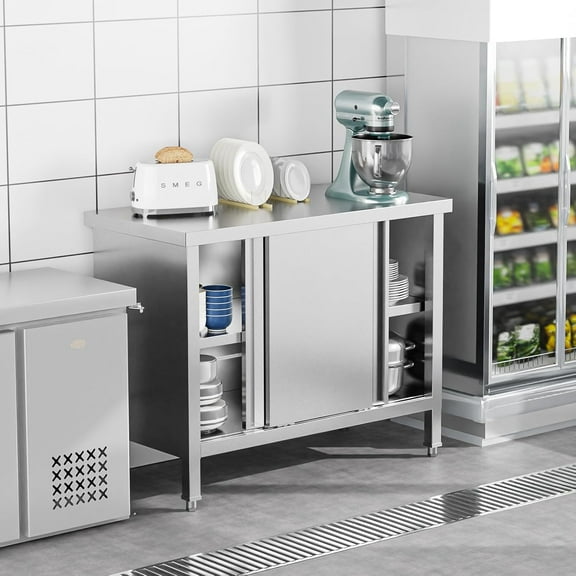 Ktaxon 39" x 19" Stainless Steel Table with Cabinet for Prep & Work, NSF Heavy Duty Prep & Work Table with 2 Sliding Doors, Commercial Kitchen Metal Table for Restaurant Home Hotel Garage