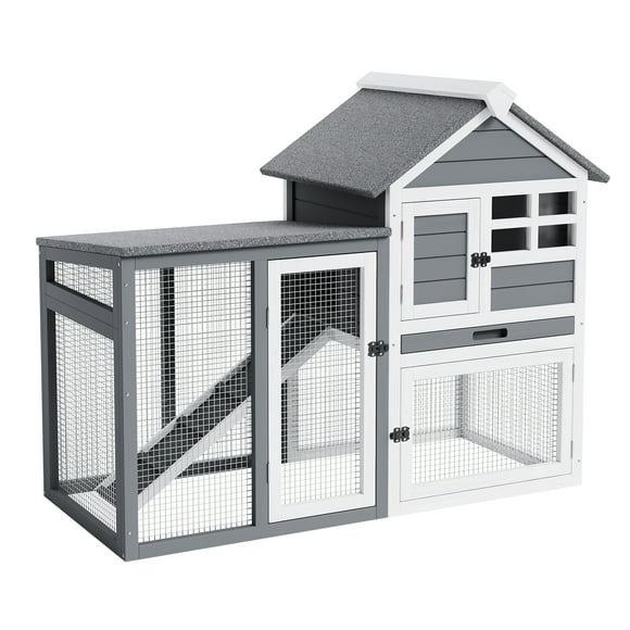 Rabbit Hutch 2-Story - Large Wooden Cage Indoor/Outdoor, 122x93x62cm (Grey), Waterproof Design with Pull-Out Tray & Non-Slip Ramp, 4 Doors for Rabbits, Guinea Pigs, Small Animals