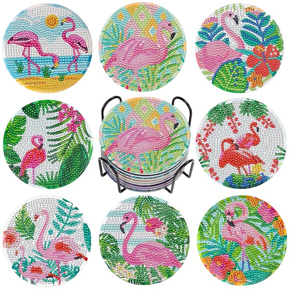 WWD POOL 8Pcs Diamond Painting Coasters Kits(Flamingo)