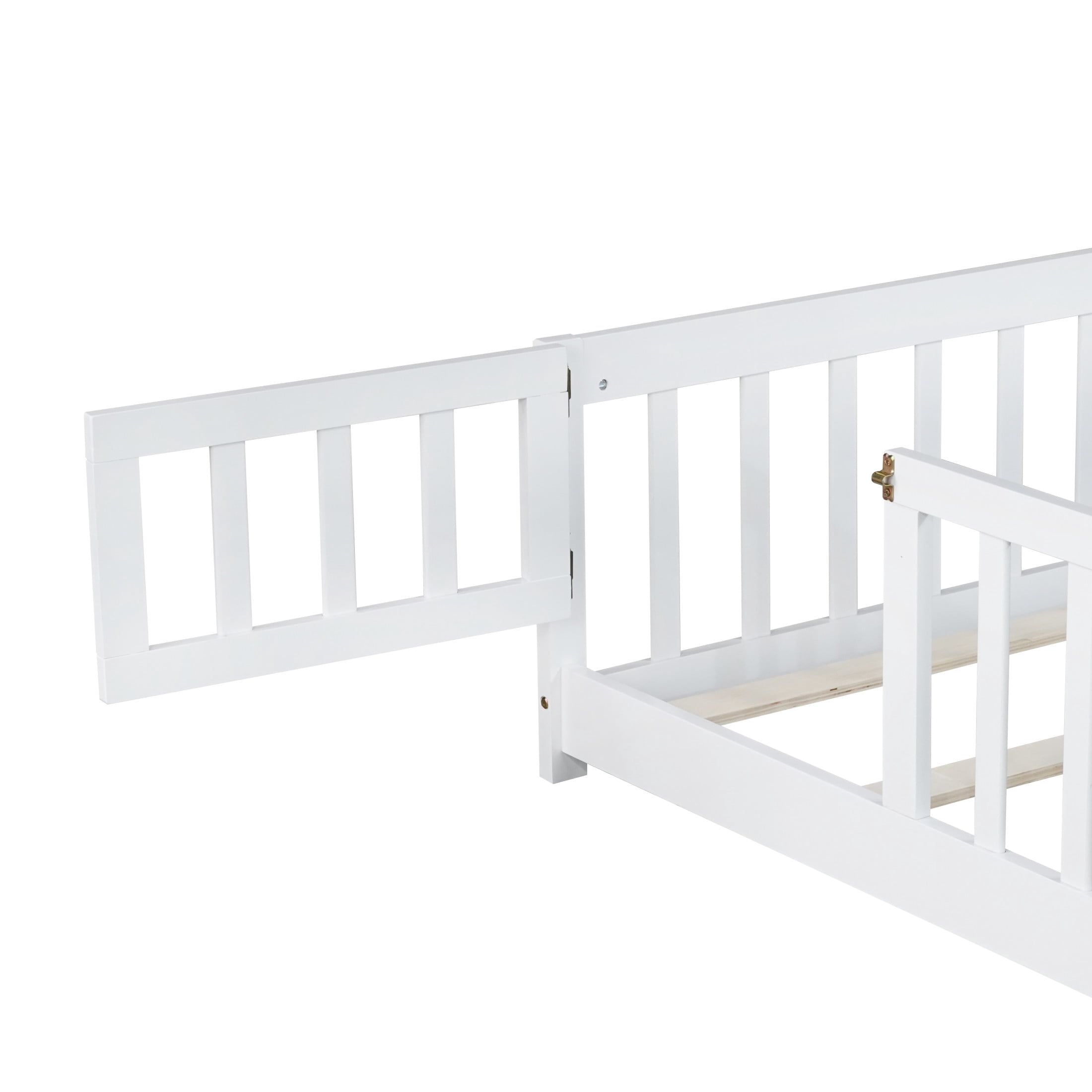 Noble House Mira Full Floor Bed with Fence and Door, Sturdy Rubber Wood Montessori Bed Frame, Kid's Room, White