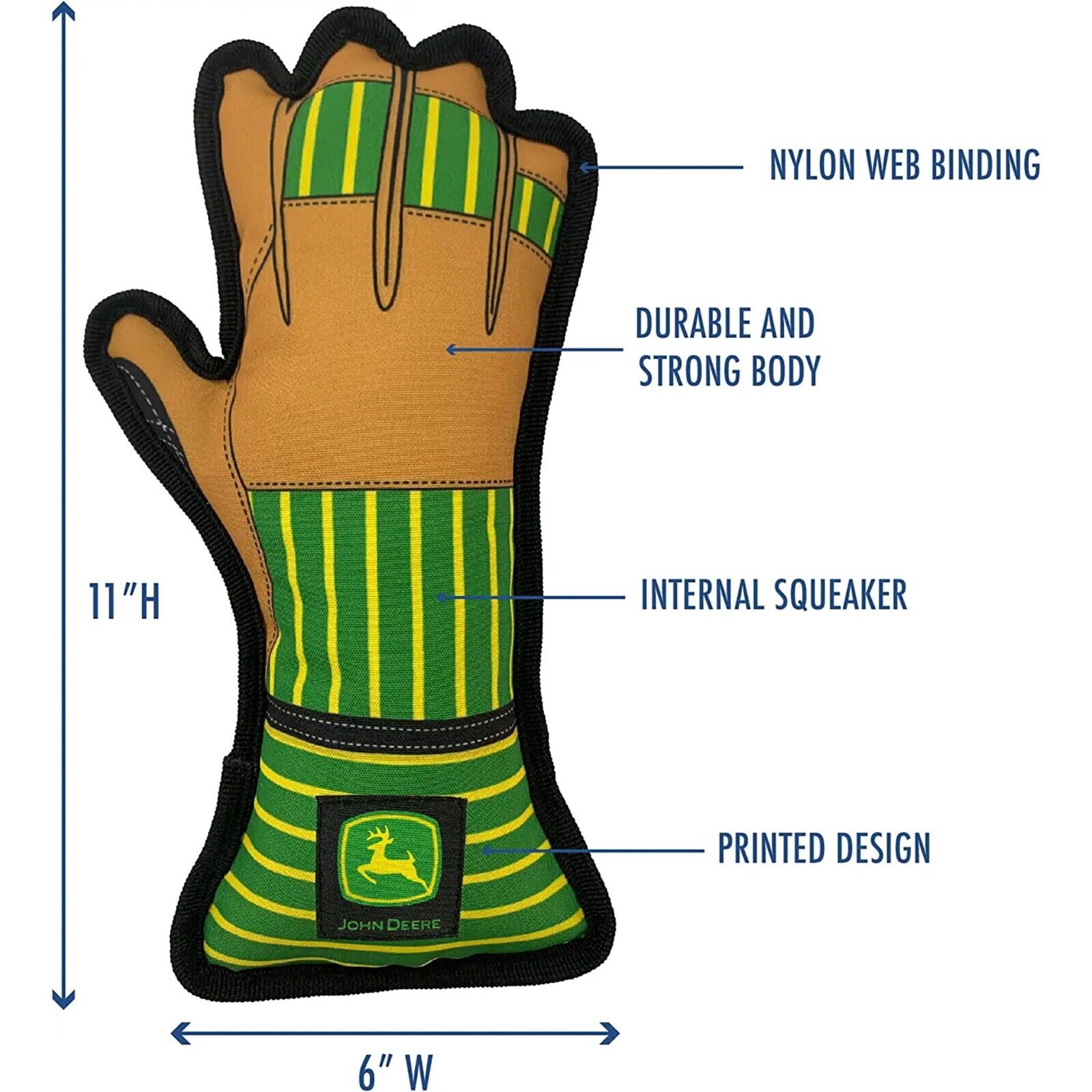JOHN DEERE DOG TUG TOY WORK GLOVE Shaped with inner Squeaker TOUGH STURDY TOY