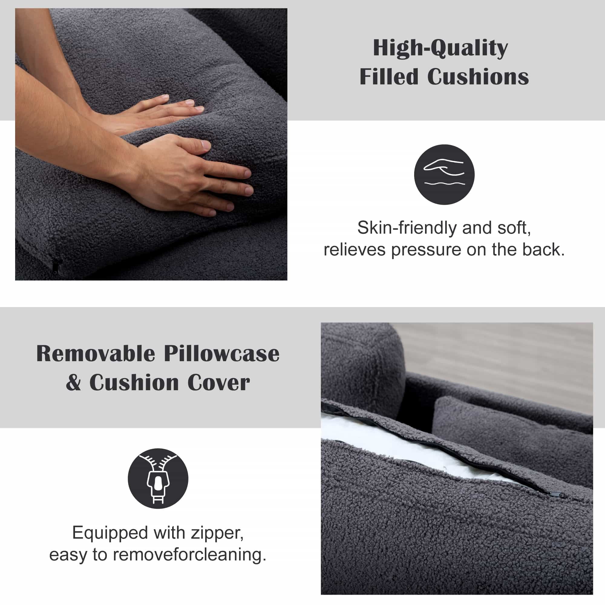 BSHTI Modern Style Teddy Fabric Sofa with 2 Pillows,Featuring Extra-Wide Deep Sofa,Suitable for Living Room,Bedroom,Office