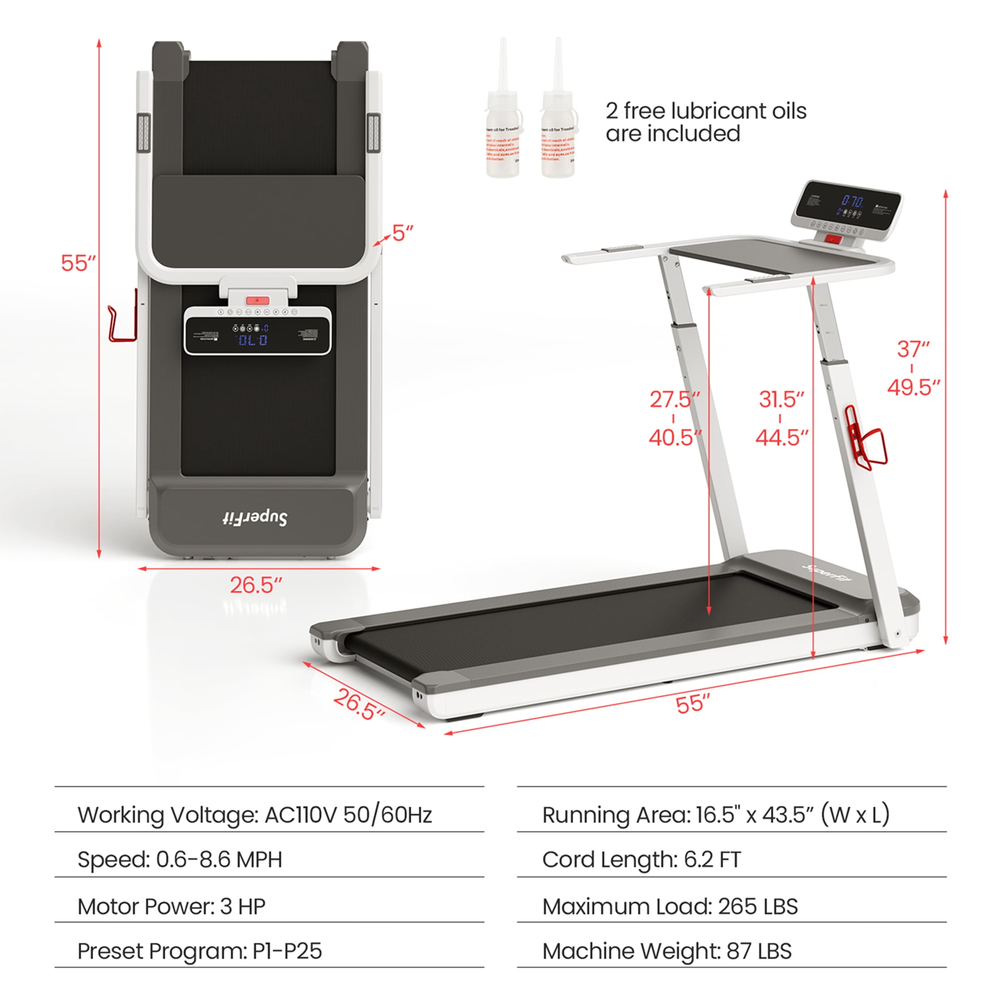 SuperFit 3HP Home Gym Running Machine Folding Treadmill with Adjustable Handrails APP Control Walmart