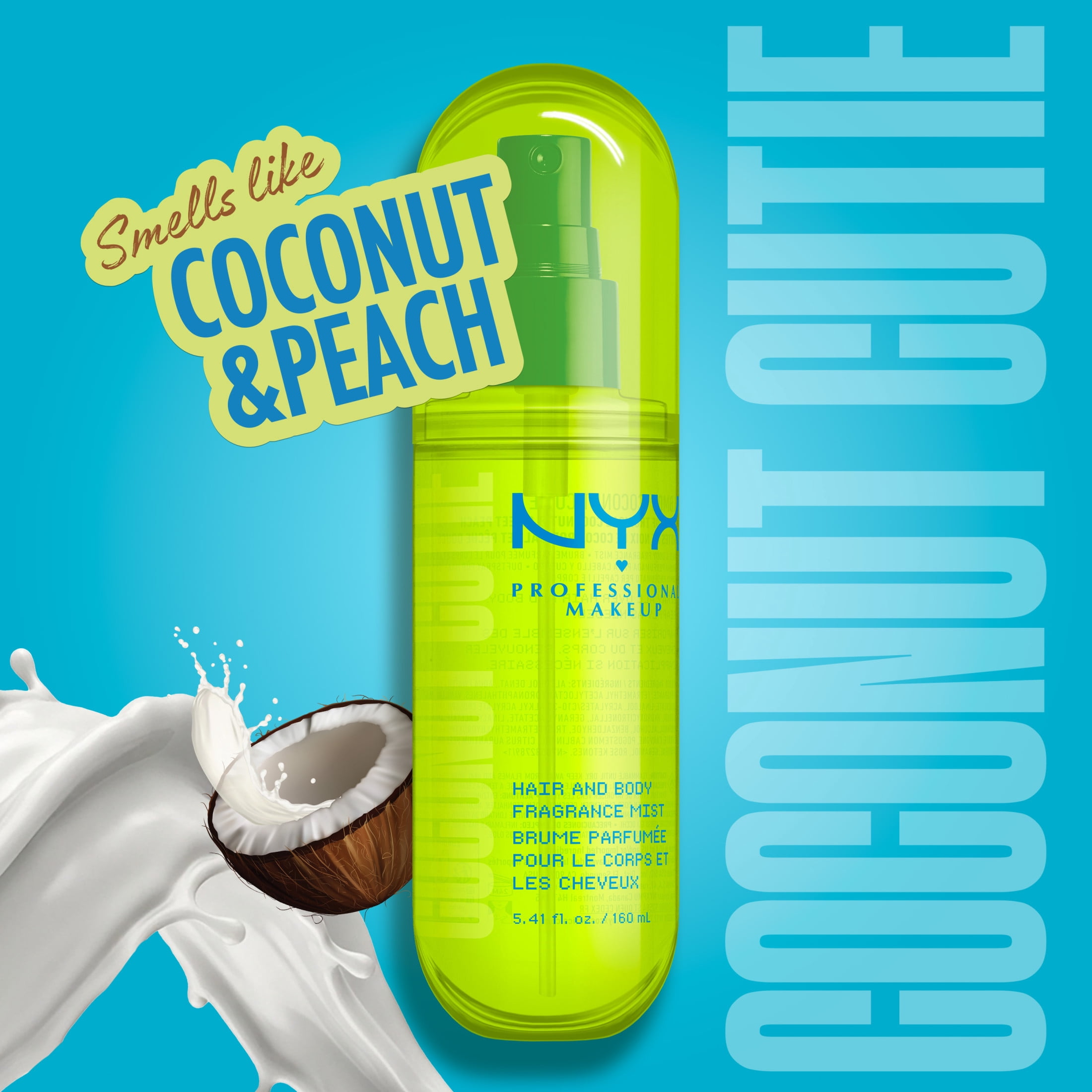 NYX Professional Makeup Fat Oil Tropical Coconut Peach Body Spray Hair Mist, Coconut Cutie, 2.7 fl oz