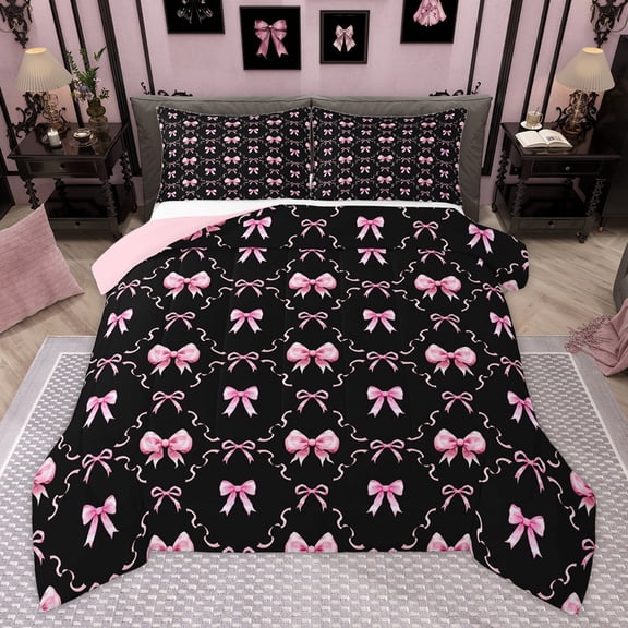 Homewish Black Pink Ribbon Bedding Comforter Set for Child, Kawaii Cartoon Bow Twin Comforter Sets, Fairy Tale Princess Reversible Bedding Set, Ultra Soft Bedroom Decor, 2-Piece