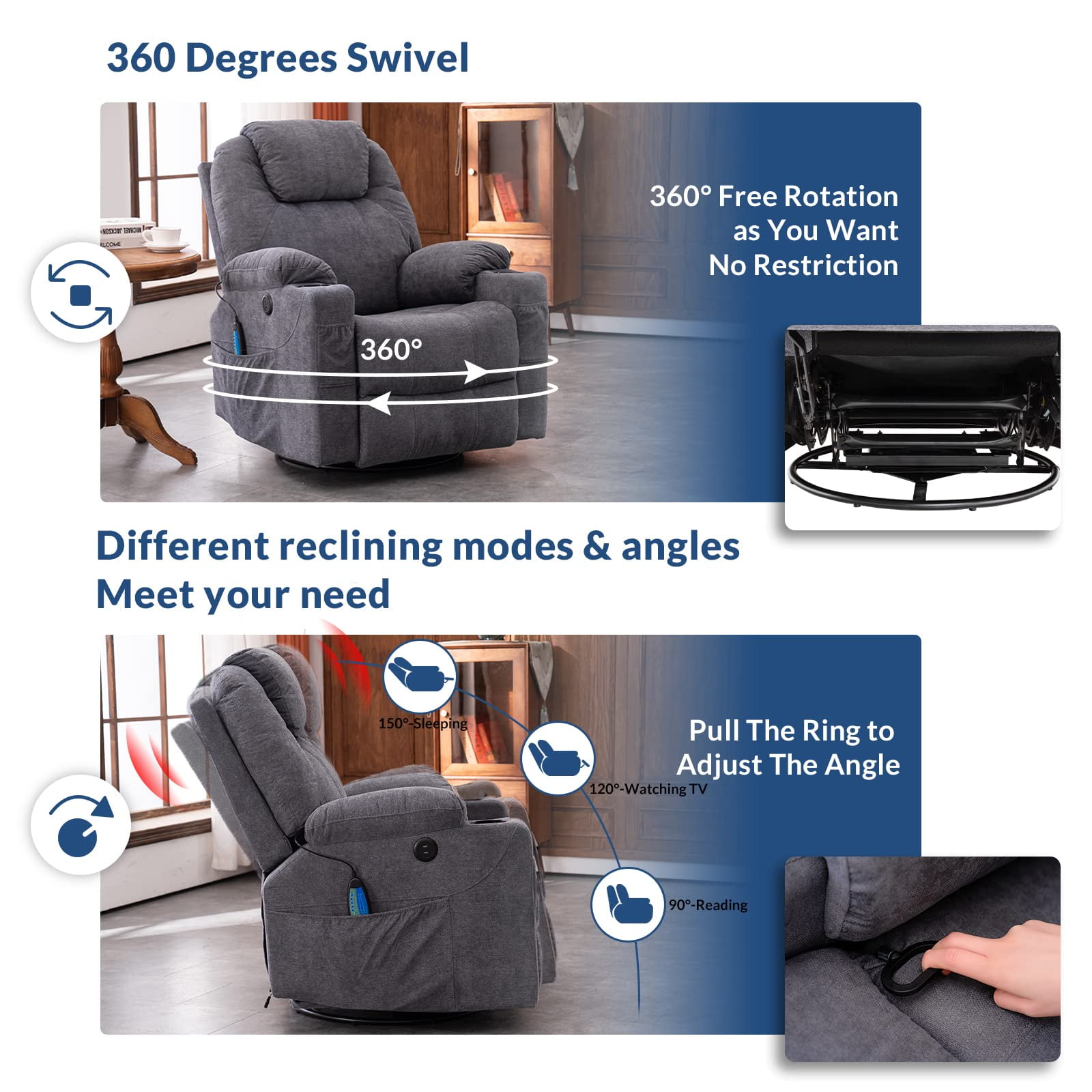 SOCIALCOMFY Manual Swivel Rocker Recliner Chair with Heat & Massage, Grey