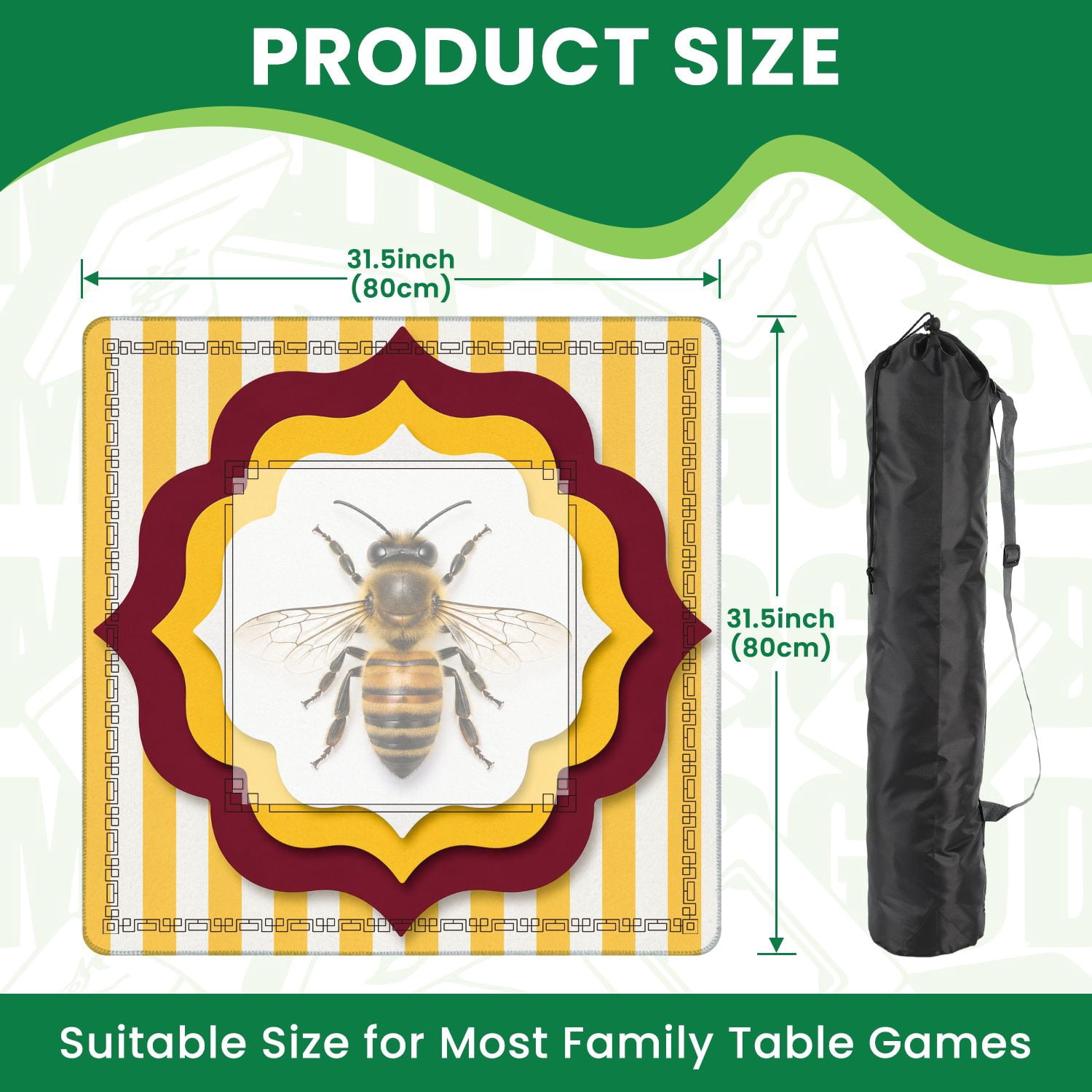 Mahjong Mat 31.5" x 31.5" Realistic Honey Bee Layered Geometric Yellow Maroon Accents Non-Slip Noise Reduction American Mahjong Tiles Table Cover for Dominoes Poker Card Board Games Gift