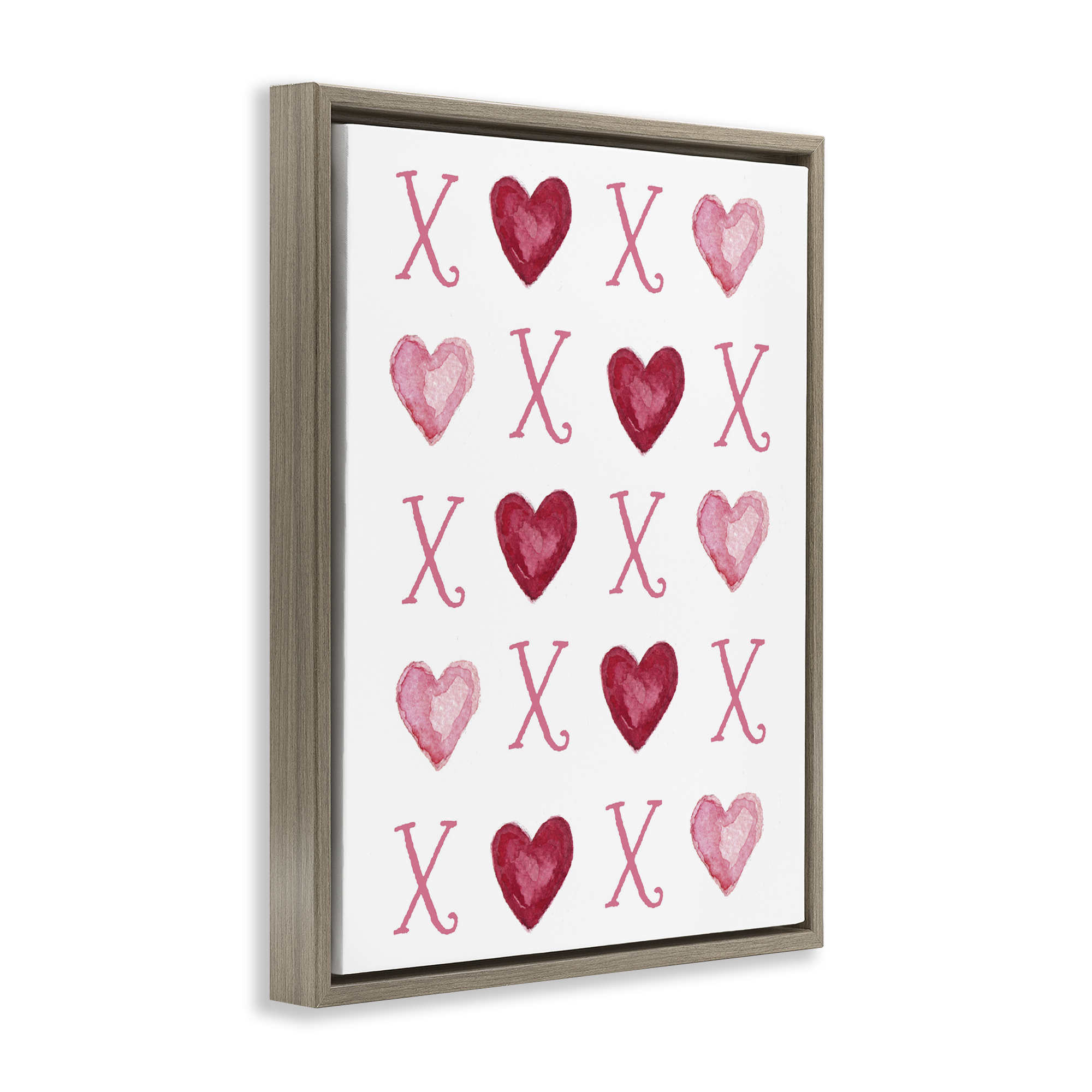 Stupell Industries Pink XOXO Hearts Holiday Painting Brown Floater Framed Art Print Wall Art, 17 x 21
