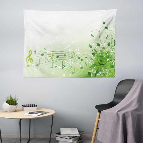 Music Tapestry, Pattern of Curlicue Leaves Treble Chef Abstract Gradient Theme Motifs, Fabric Wall Hanging Decor for Bedroom Living Room Dorm, 5 Sizes, White Green Pastel Green, by Ambesonne