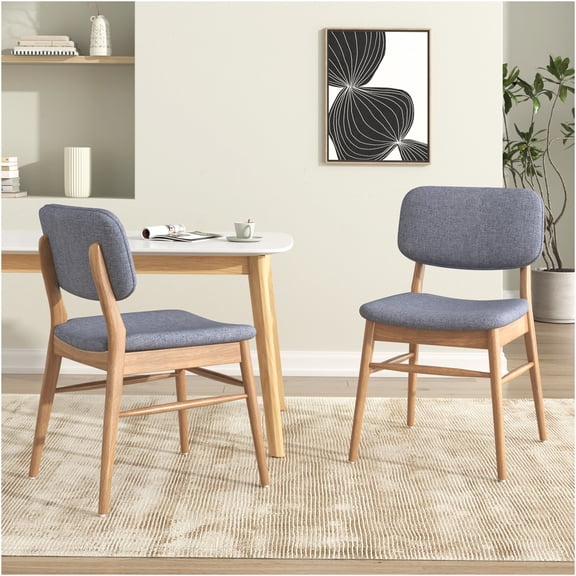 JERFIT Mid-Century Modern Upholstered Dining Chairs, Set of 2, Natural Rubberwood Frame with Gray Polyester Fabric for Dining Room, Living Room