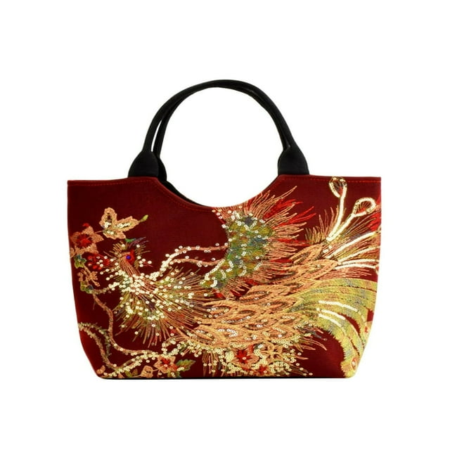 Sac Bandoulière Rétro à Perles avec Broderie de Paon pour Femme, Grand Sac à Main en Toile