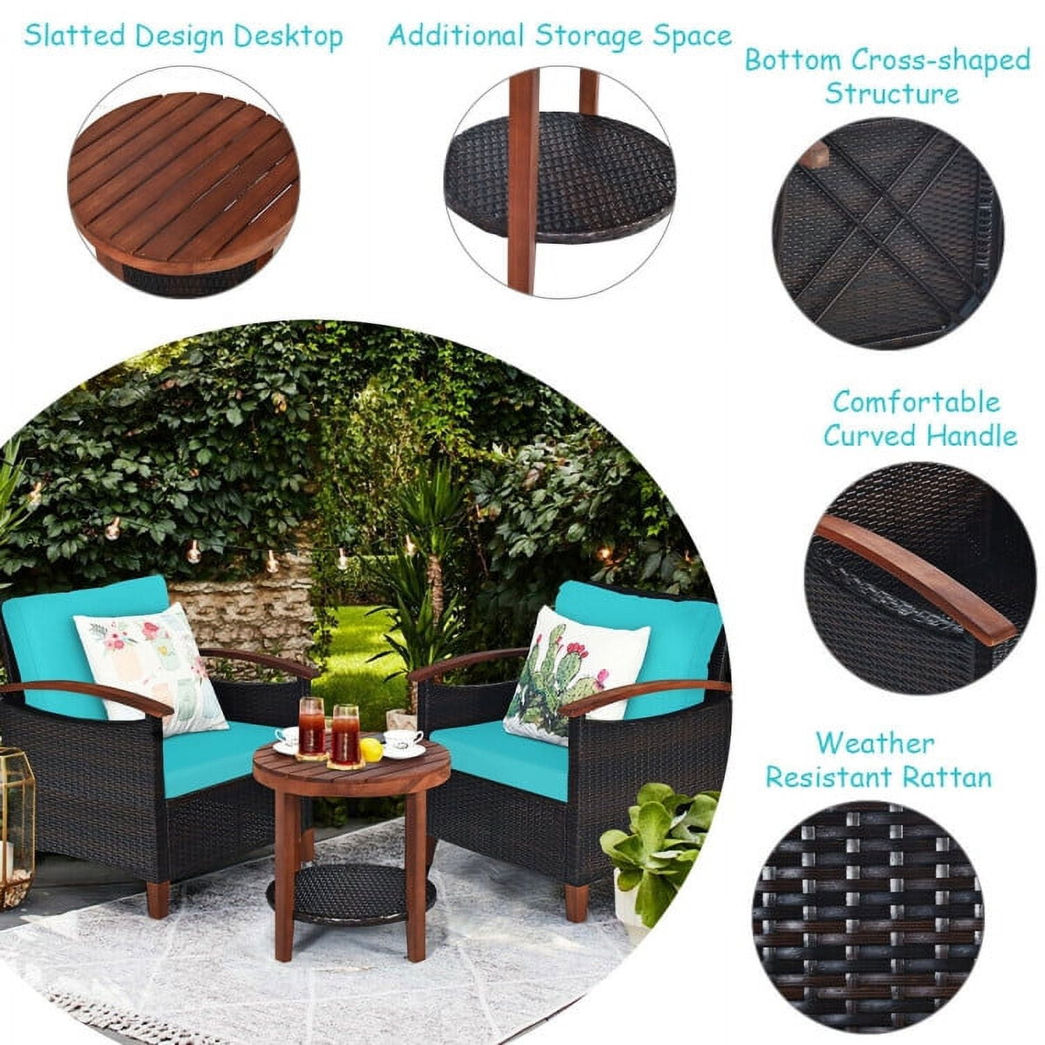 Aimee Lii 3 Pieces Patio Rattan Furniture Set with Washable Cushion and Acacia Wood Tabletop, Small Patio Set, A-Turquoise Aimee Lii 3 Pieces Patio Rattan Furniture Set with Washable Cushion and Acacia Wood Tabletop, Small Patio Set, A-Turquoise