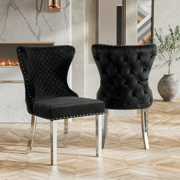 Furniture of America Vera Glam Nailhead Trim Dining Chairs, Black and Chrome (Set of 2)