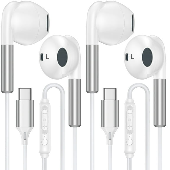 USB C Headphones Wired,2Pack Type C Wired Earphones USBC Wired Earbuds Noise Cancelling Ear Buds w/ Mic Microphone Remote Control Type C Headphone Compatible with Samsung Android iPad