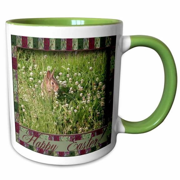 3drose, Bunny Rabbits in a Clover Patch, Happy Easter, 11oz Two-tone Green Mug