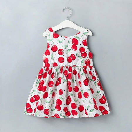 

nsendm Bowknot Dress Print Cute Summer Baby Toddler Girls Neck Kids Sleeveless V Girls Dress&Skirt Girls Dress with Ruffles Dress Red 12-18Months