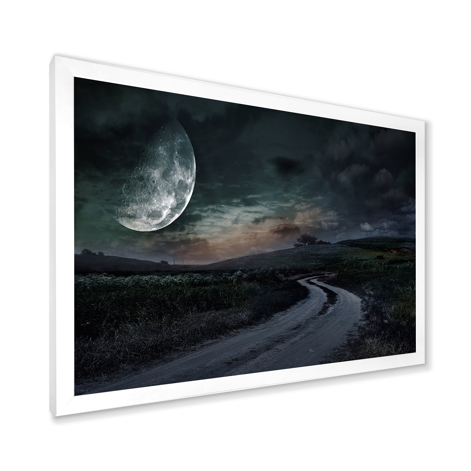 Designart 'The Meadow Under Full Moon With Rural Road Through ' Nautical & Coastal Framed Art Print
