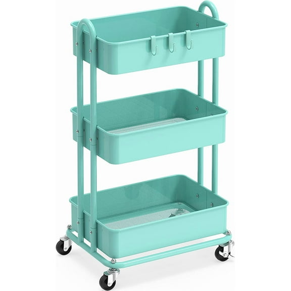 3-Tier Heavy Duty Metal Utility Rolling Cart, Turquoise