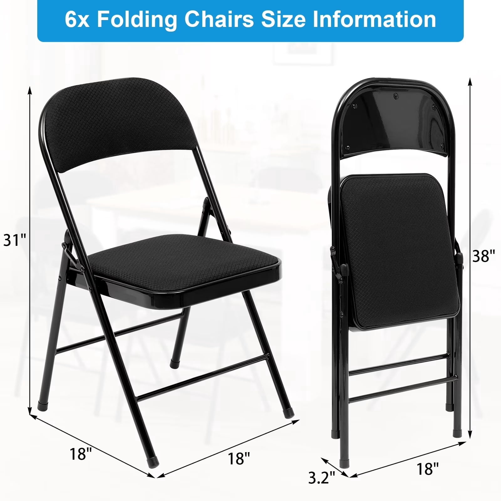 Fenbeli Fabric Padded Folding Chairs Set of 6, Black Portable Foldable Dining Chairs with Steel Frame, Space-Saving Seating for Home Office Events
