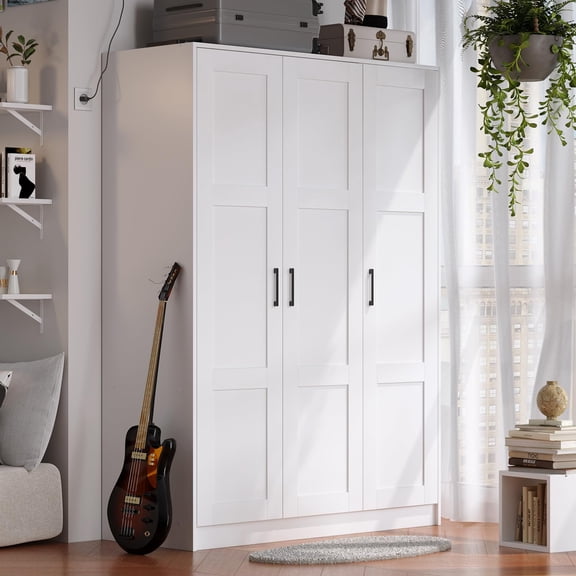 Modern Three Door Wooden Wardrobe Closet Storage Cabinet Unit For Hanging Clothes Bedroom Large Capacity Freestanding Armoire Shelves Drawers White