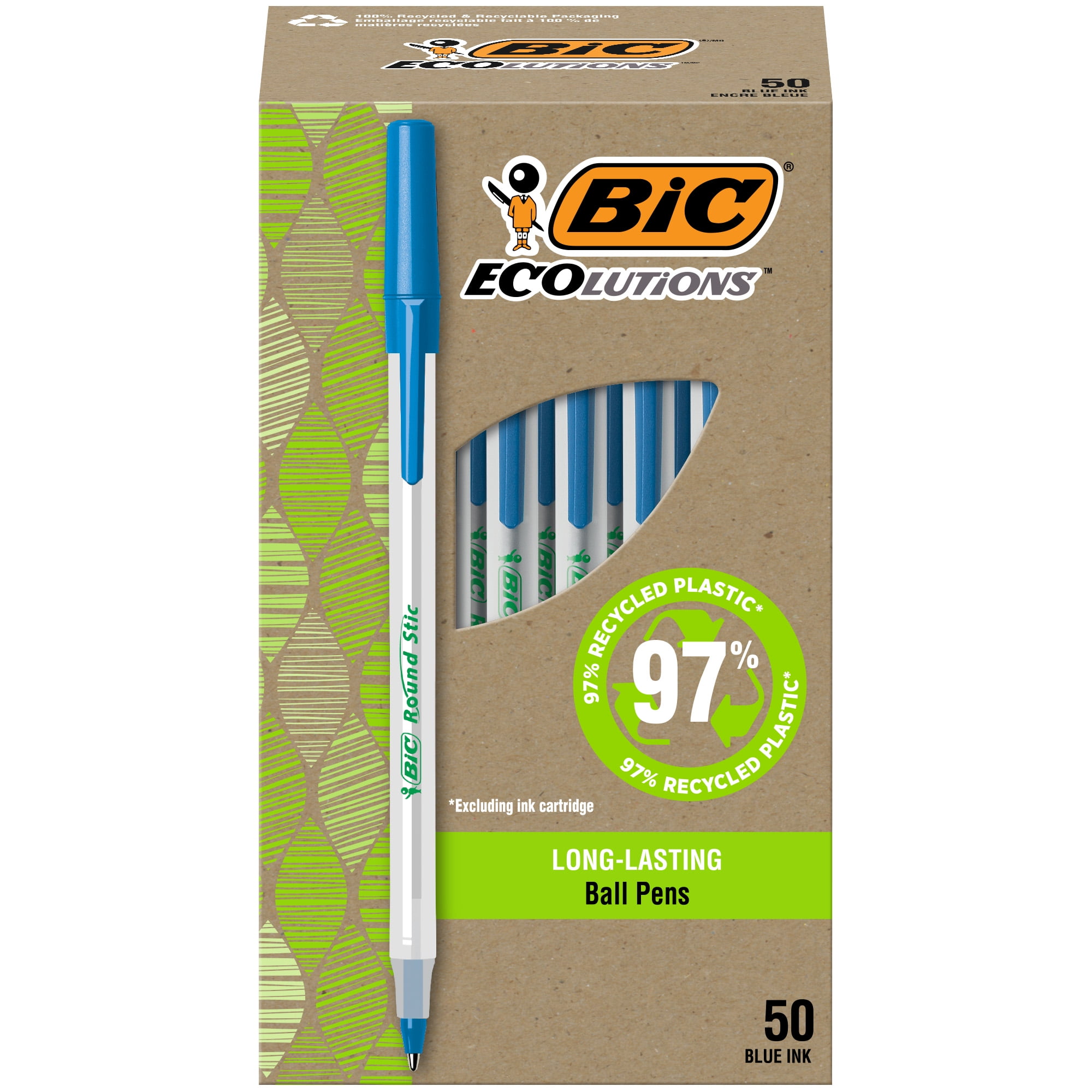 na school Verlammen verachten BIC Ecolutions Round Stic Ballpoint Pens, 97% Recycled Plastic, (1.0mm),  Blue, 50-Count - Walmart.com