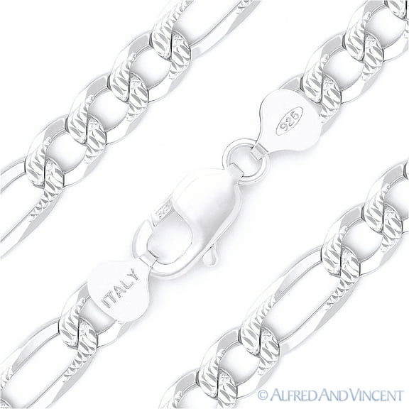 10mm Figaro / Figaroa Link D-Cut Pave Italian Chain Bracelet in .925 Sterling Silver