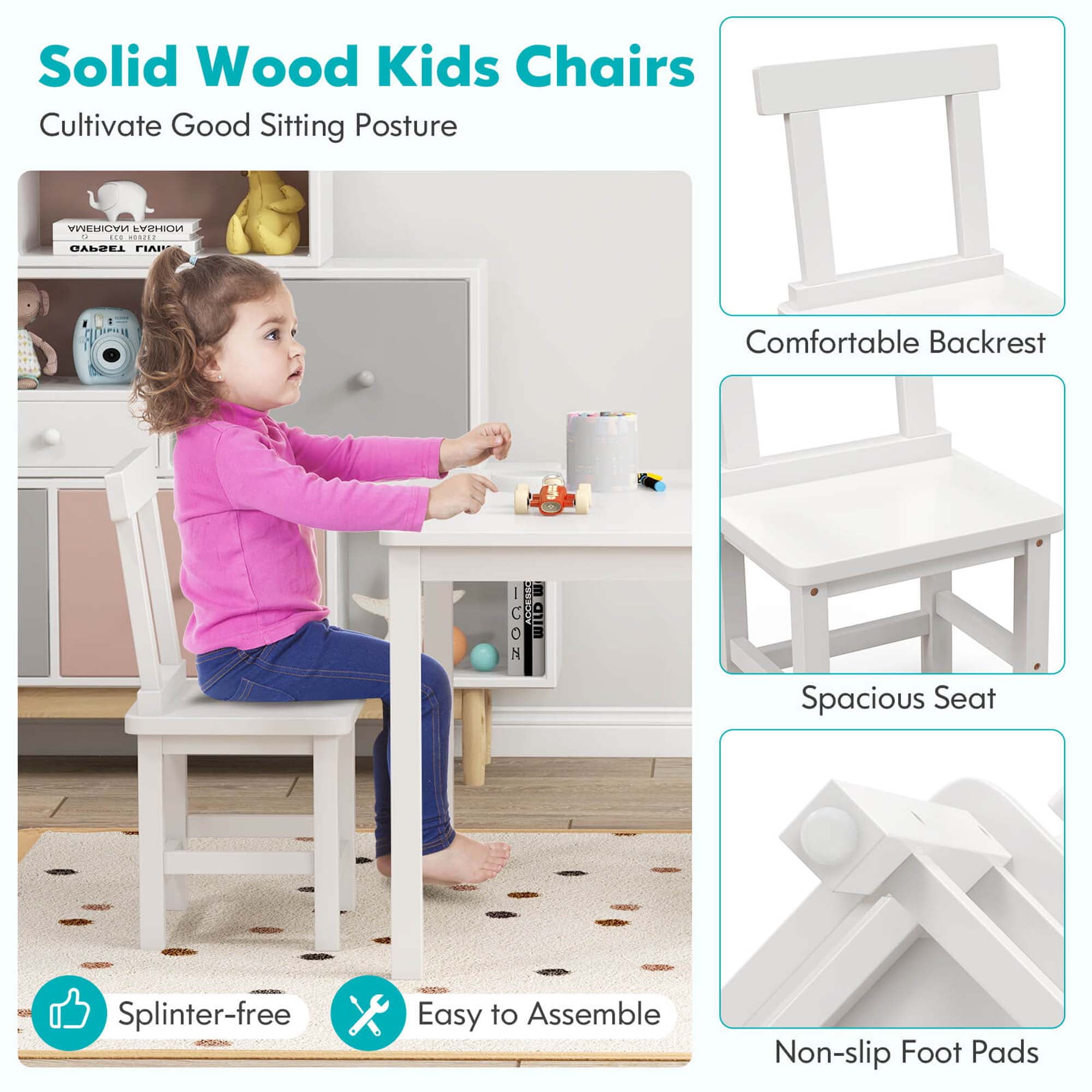 Costway Wooden Kids Table and 2 Chairs Set with Rubber Wood Legs Anti-slip Foot Pads White