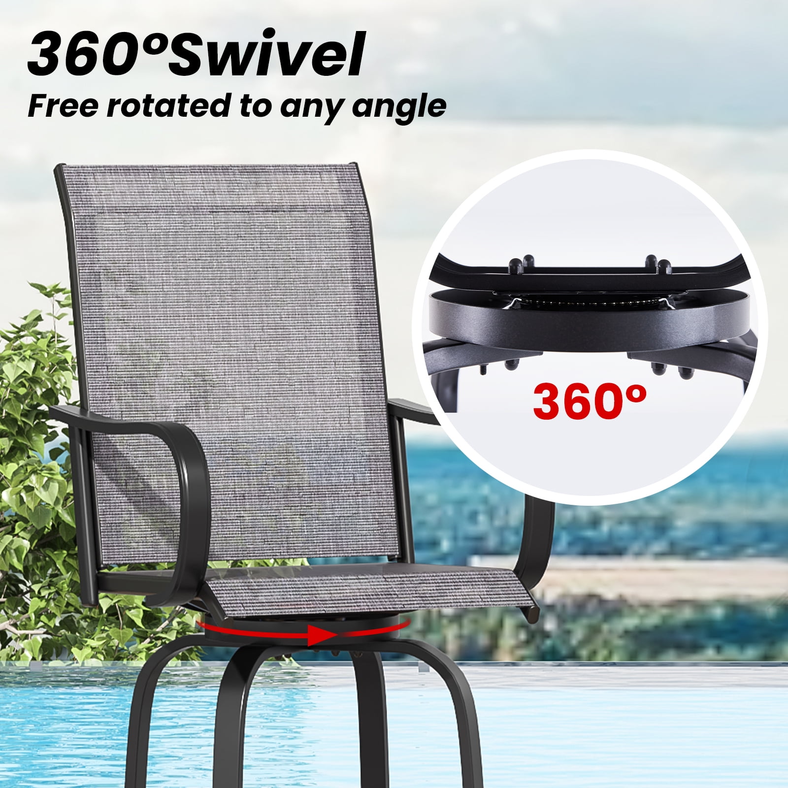 Aukfa Set of 2 Outdoor Swivel Bar Stools, 360° Patio Bar Height Chairs w/ Textilene Fabric & Footrest for Backyard/Deck,Gray