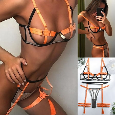 

〖TOTO〗Intimates For Women Splice Fashion Two-Color Stitching Bandage Garter Belt Three-Piece Lingerie Suit