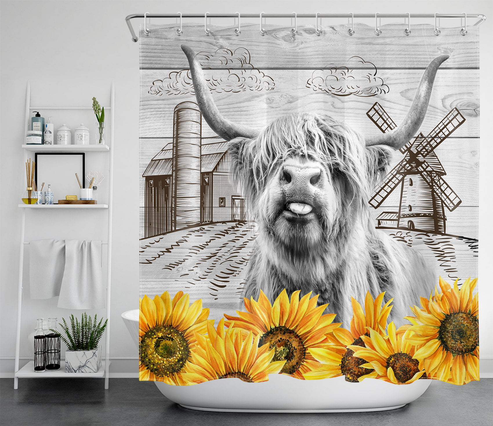 Tub Highland Cow Sunflower Retro Barn door Shower Curtain Set Bathroom Decor 72” 