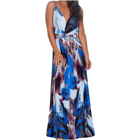 

Women Sleeveless Bohemian V-Neck Sling Print Floral Beach Long Dresses
