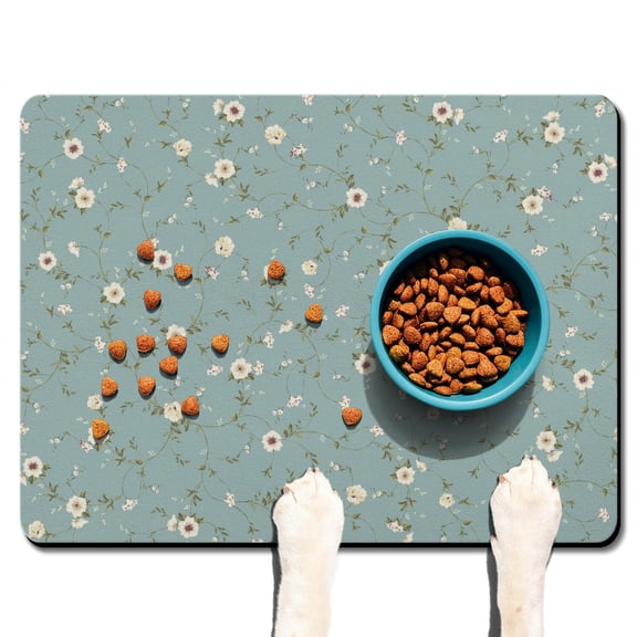 Pet Feeding Mat with Small Floral Retro Watercolor Design, Absorbent Waterproof Non-Slip Dog Food Mat