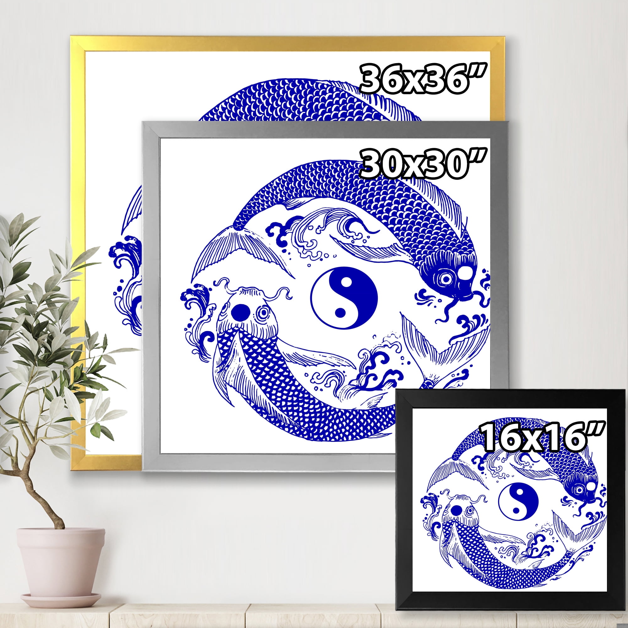 Designart 'Blue Chinoiserie Koi Fish II' Traditional Framed Art Print