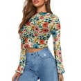 thumbnail image 2 of SCRAWLGOD Flower Leaf Women Bell Sleeve Tops Size S Mock Neck Sheer Tops for Ladies Long Sleeve Lettuce Trim Blouse Aesthetic Slim Shirts for Daily Wear, 2 of 7