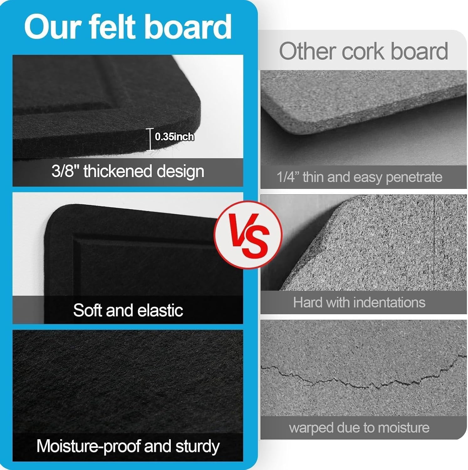 BEAUTYPEAK Large Felt Bulletin Board for Wall, 24" x 36" Frameless Picture Board Soft Felt Cork Board，Black
