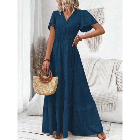V-Neck Ruffle Sleeve Maxi Dress In Dark Wash Denim-Look Fabric