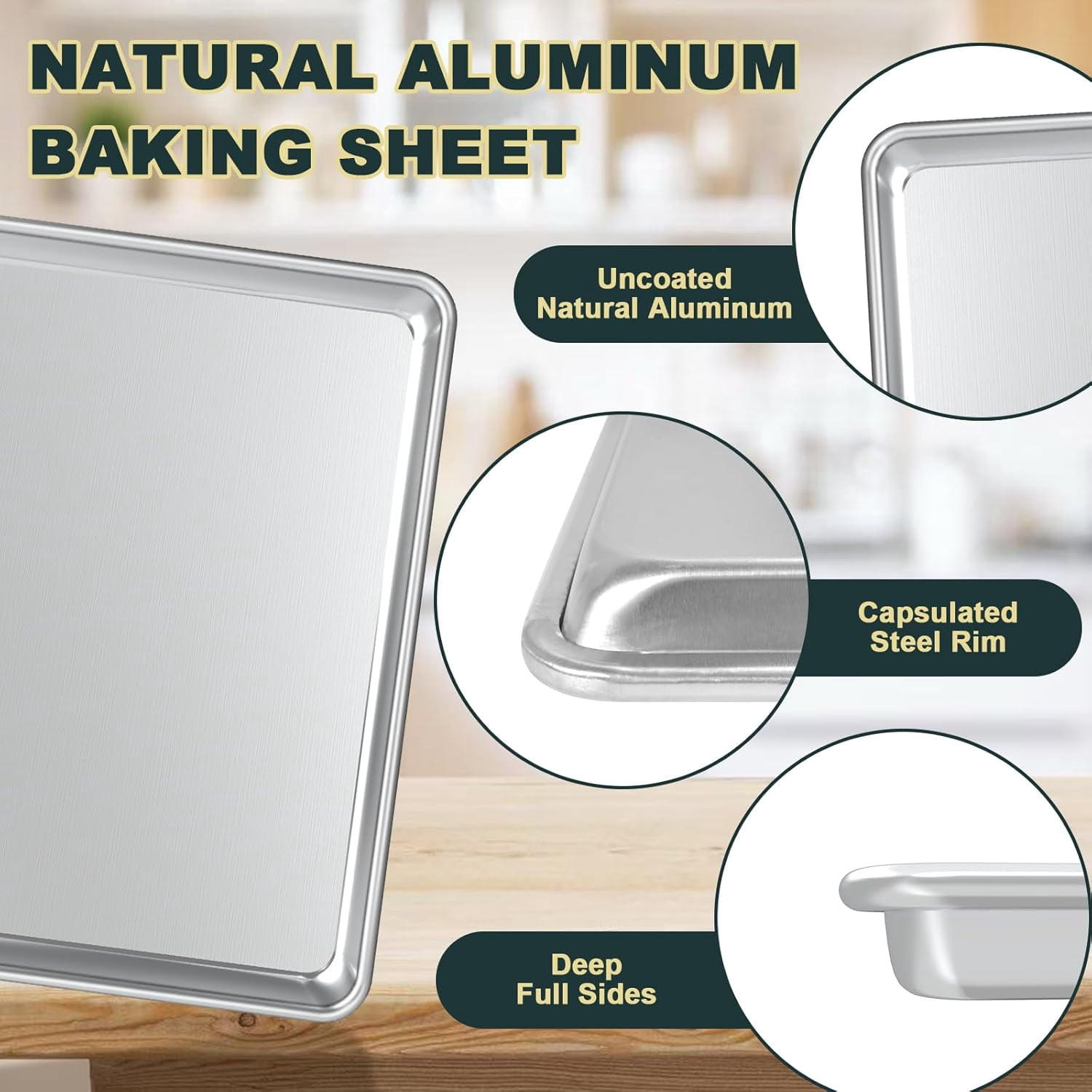 Nonstick Heavy Duty Natural Aluminum Baking Sheet, with Rack Set 2 Pans 2 Racks, Warp Resistant & Heavy Duty, Half Sheet Size