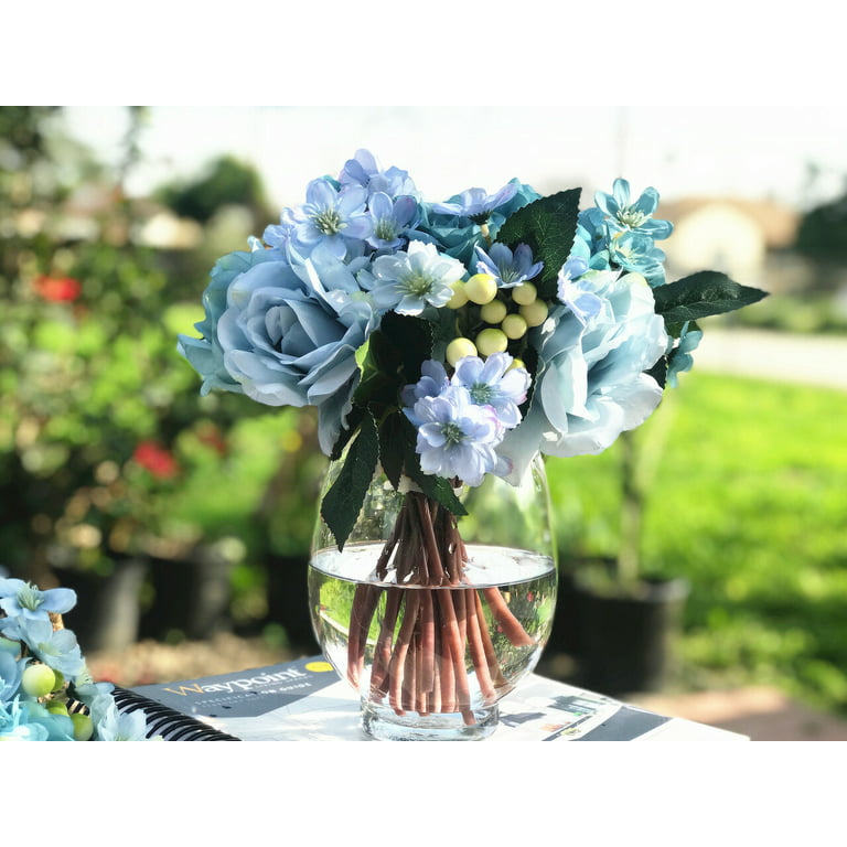 ENOVA FLORAL Rose Small Artificial Flowers in Vase, Blue Silk Floral  Arrangement in Vase with Faux Water for Home Decorations, Wedding Event  (Blue)