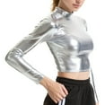 thumbnail image 2 of Kaerm Women's Shiny Metallic Liquid Crop Top Long Sleeve Mock Neck Turtleneck Tank Top Clubwear Silver S, 2 of 5