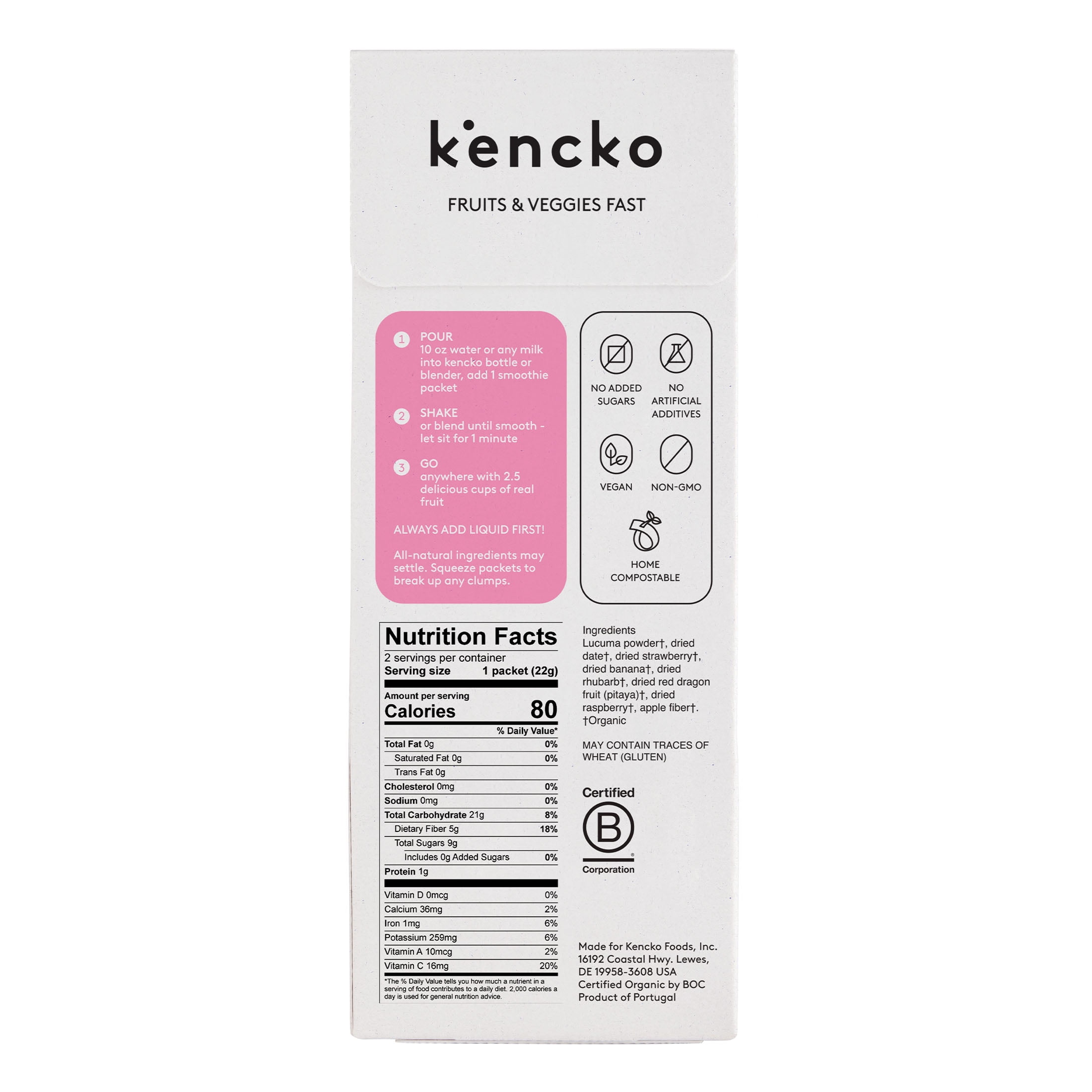 Kencko Pinks Organic Instant Fruit & Veggie Smoothie Two Pack, Powdered Drink Mix, .78 oz